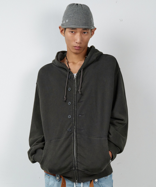 BUTTON WASHED HOODIE ZIP-UP CHARCOAL