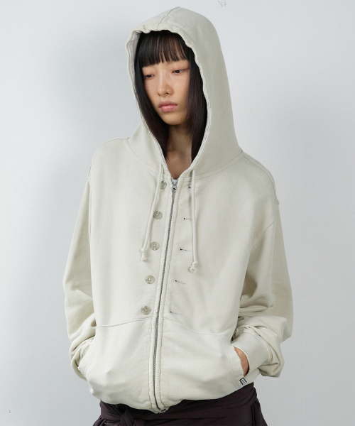 BUTTON WASHED HOODIE ZIP-UP BEIGE