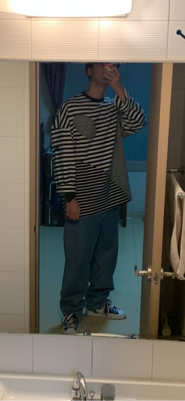 【AJO AJOBYAJO】Oversized Stripe Mixed T-Shirt Stripe Mixed T-Shirt [Navy] - AJOBYAJO