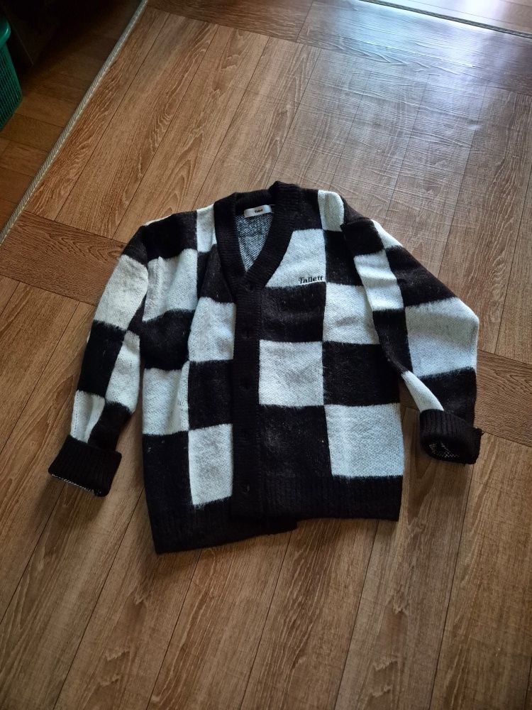 MUSINSA | FALLETT checkerboard knit cardigan black