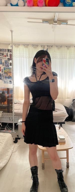 【NOFFICIALNOFFICE】SEE-THROUGH MESH RIBBON TOP SEE-THROUGH MESH RIBBON TOP BLACK