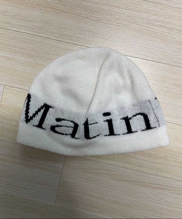 MUSINSA | MATIN KIM LOGO JACQUARD SHORT BEANIE IN WHITE