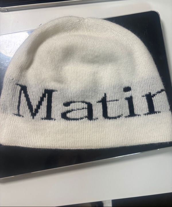 MUSINSA | MATIN KIM LOGO JACQUARD SHORT BEANIE IN WHITE