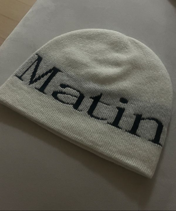 MUSINSA | MATIN KIM LOGO JACQUARD SHORT BEANIE IN WHITE