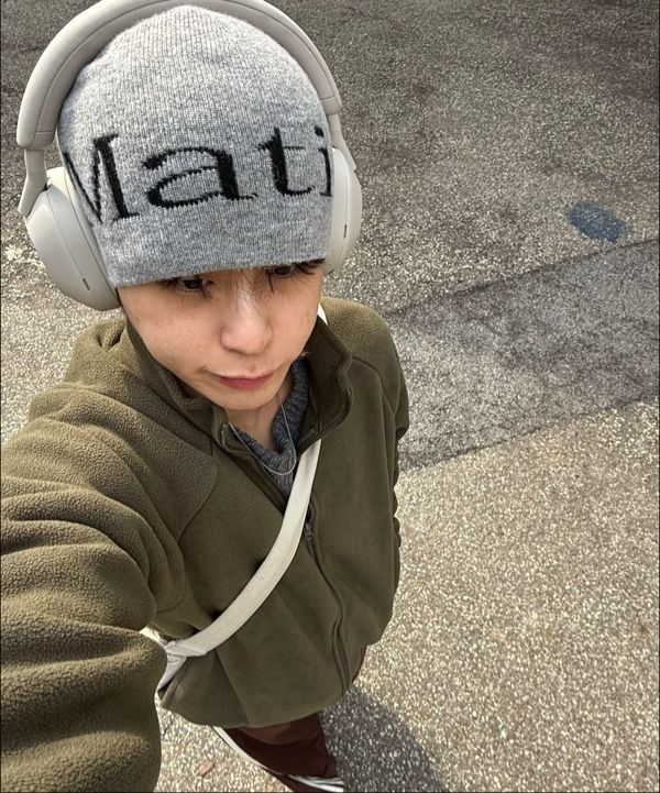 MUSINSA | MATIN KIM LOGO JACQUARD SHORT BEANIE IN GREY