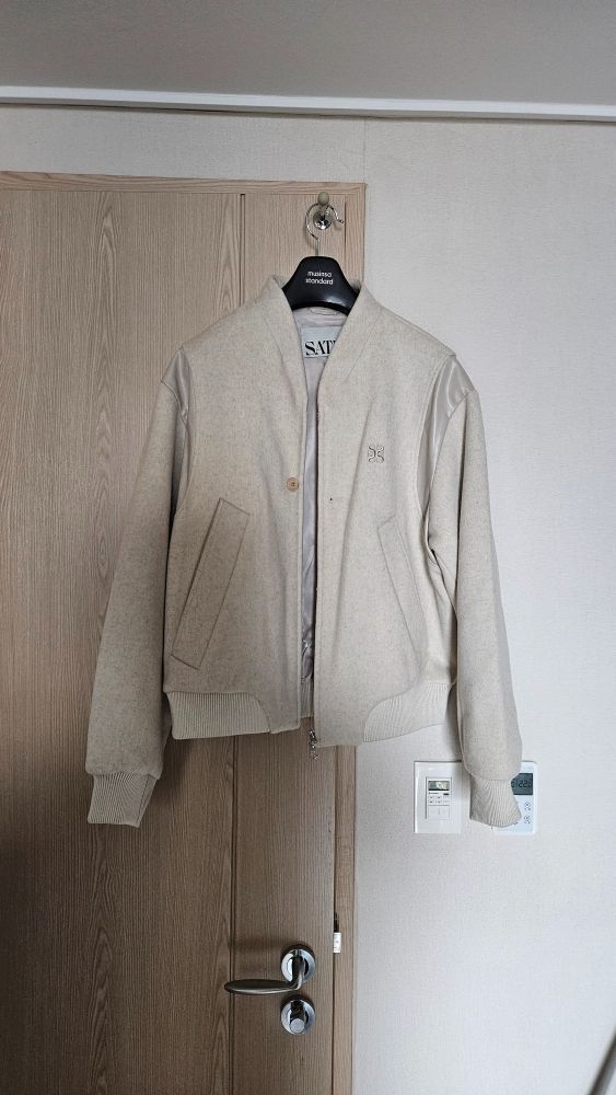 MUSINSA | SATUR Percy Collarless Varsity Jacket Pure Ivory
