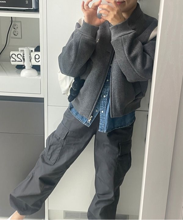 MUSINSA | SATUR Percy collarless varsity jacket charcoal gray