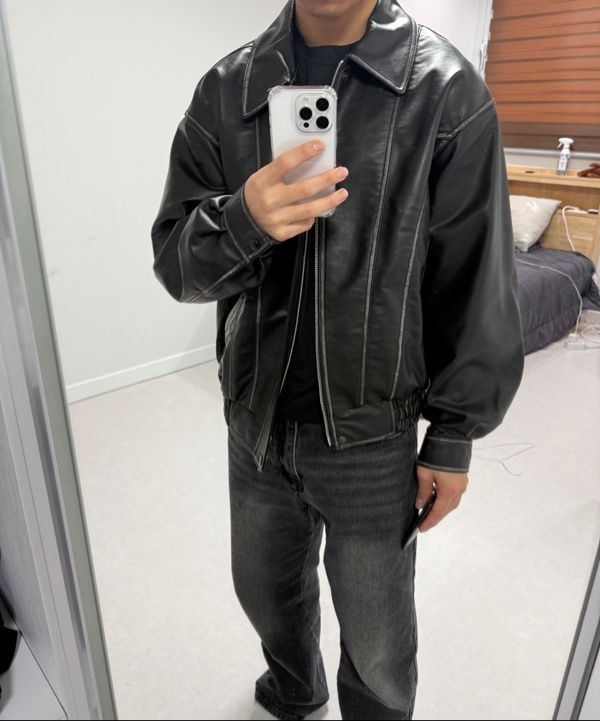 MUSINSA | DOFFJASON Washed Leather Curved Bomber Jacket