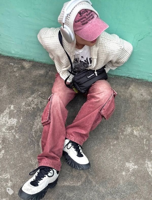 ◆XTONZ◆ XP138 Pastel Denim Cargo Pants PINK C7051PHotPinkHighWaistedStraig