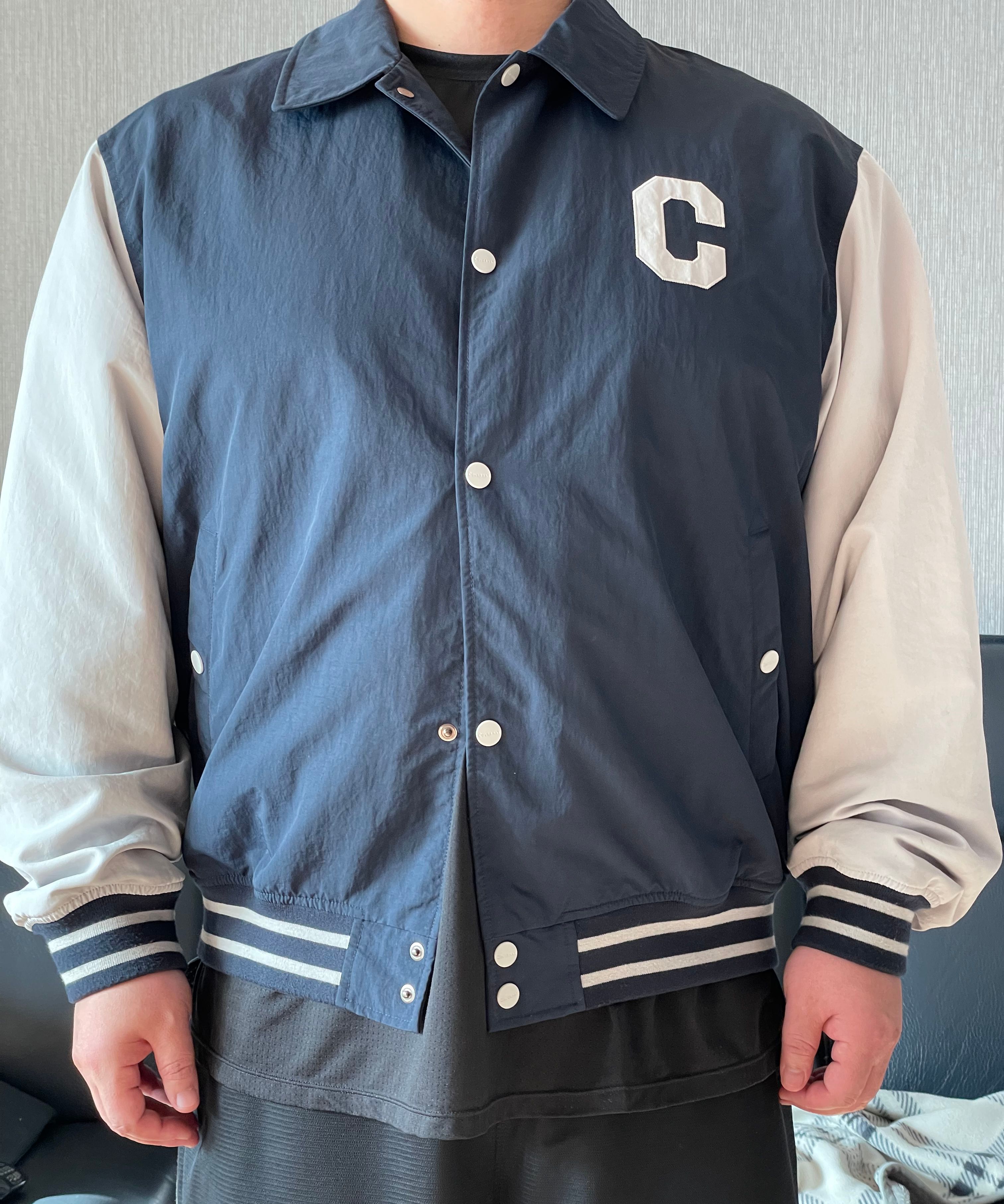 MUSINSA | COVERNAT C logo collar varsity jacket navy