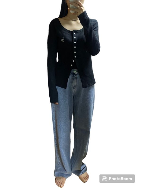 MUSINSA | RONRON SLIM BUTTON U NECK LONG SLEEVE CREAM