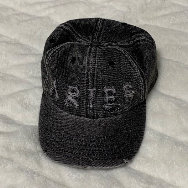 MUSINSA | ARIES Common Laser Logo Distressed Denim Ball Cap