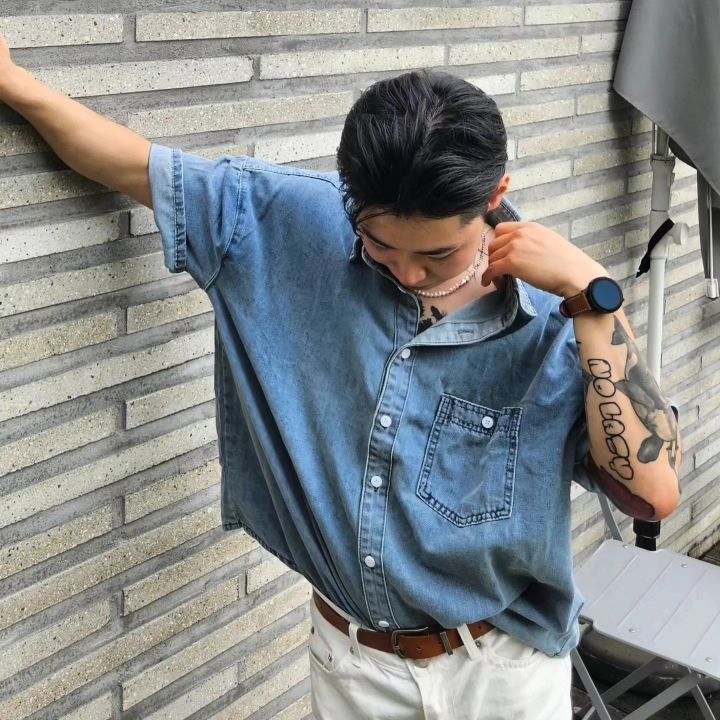 ★TRILLION★STONE WASHING OVERFIT DENIM HALF SHIRT★関税込★ MUSINSA | TRILLION Stone Washing Overfit Denim Short Sleeve