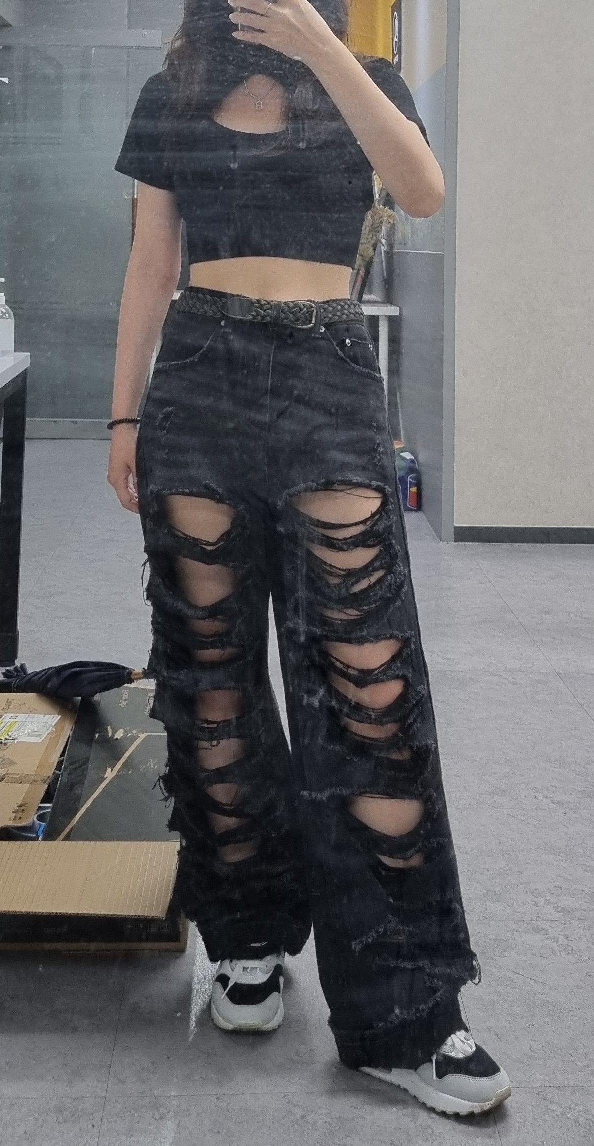◆ROCKCAKE◆ Pia Damage Wide Jeans Beige Black MUSINSA | ROCKCAKE Pia Damage Wide Jeans - Beige Black
