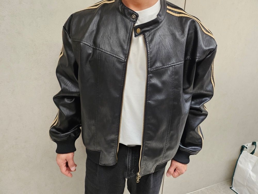 MUSINSA公式 | SUPERSUB Vintage Track Biker Leather Jumper - Black