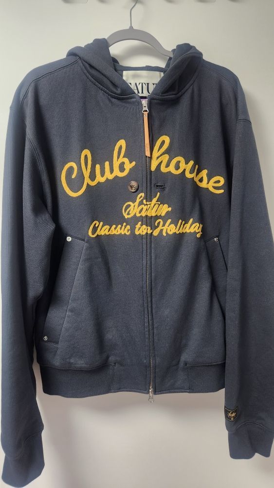 MUSINSA | SATUR Club House Lettering Hood Zip Up Vintage Navy