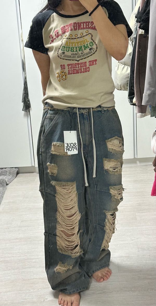 MUSINSA | SCULPTOR Destroyed Denim Pants Brushed Indigo