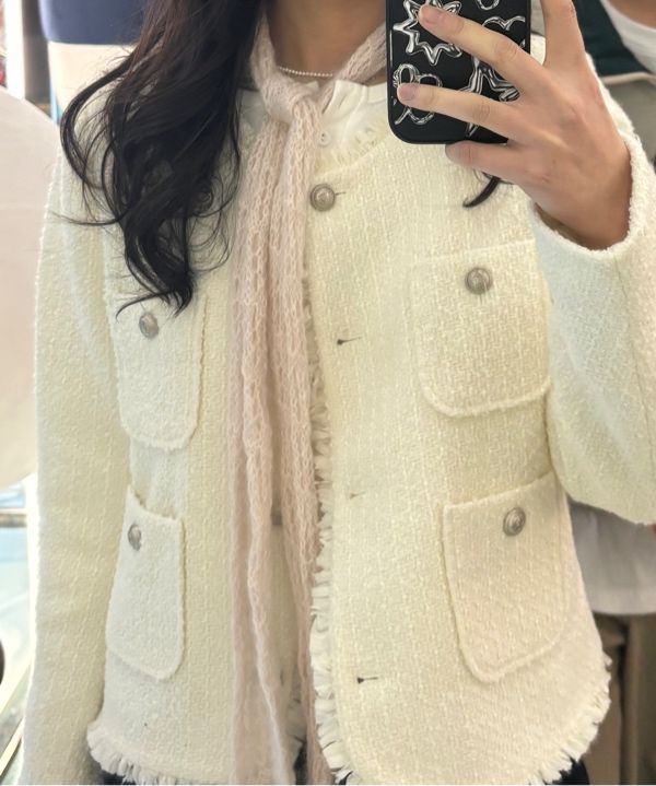 MUSINSA | SINOON FRINGE CROPPED TWEED JACKET (IVORY)