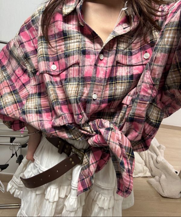 MUSINSA公式 | ASIF CALIE DIRTYWASHING OVERFIT CHECK SHIRT PINK