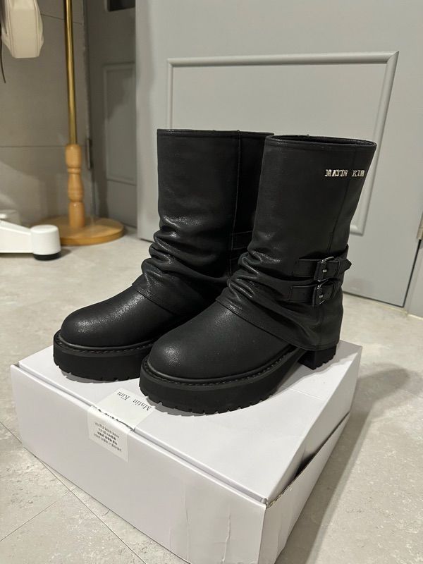 MUSINSA | MATIN KIM BUCKLE LAYERED LEATHER MIDDLE BOOTS IN BLACK