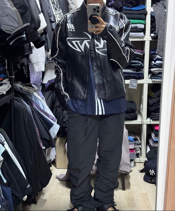 MUSINSA公式 | NOT4NERD Leather ver. Tribal Logo Racing Jacket - Black