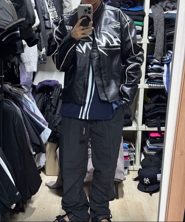 MUSINSA公式 | NOT4NERD Leather ver. Tribal Logo Racing Jacket - Black
