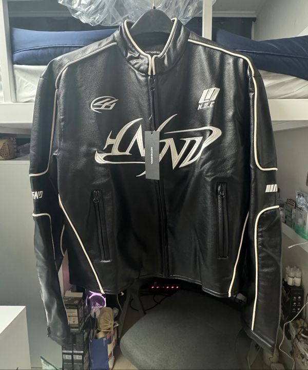 MUSINSA公式 | NOT4NERD Leather ver. Tribal Logo Racing Jacket - Black