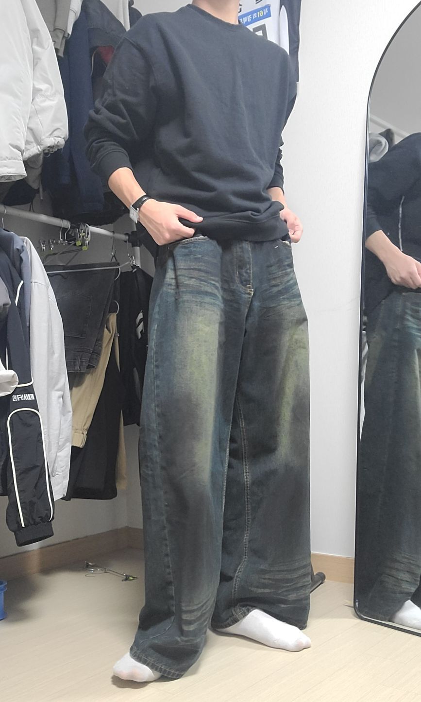 MUSINSA | TRILLION Dirty brush washed wide denim pants (DEEP