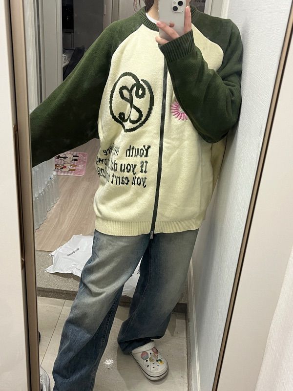 MUSINSA | XTONZ XTK073 Flower Raglan Knit Zip-Up (KHAKI)