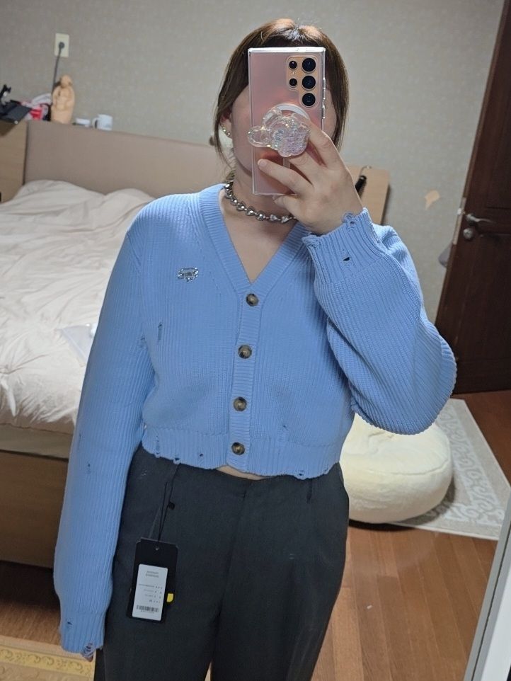MUSINSA | FALLETT Damaged knit cardigan sky blue