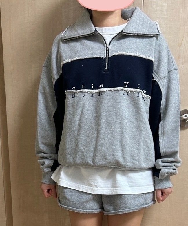 MUSINSA | MATIN KIM CUTTED LOGO HALF ZIP SWEATSHIRT IN NAVY