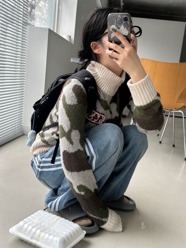 MUSINSA | SCULPTOR Camouflage Mohair Raglan Zip-Up Peach