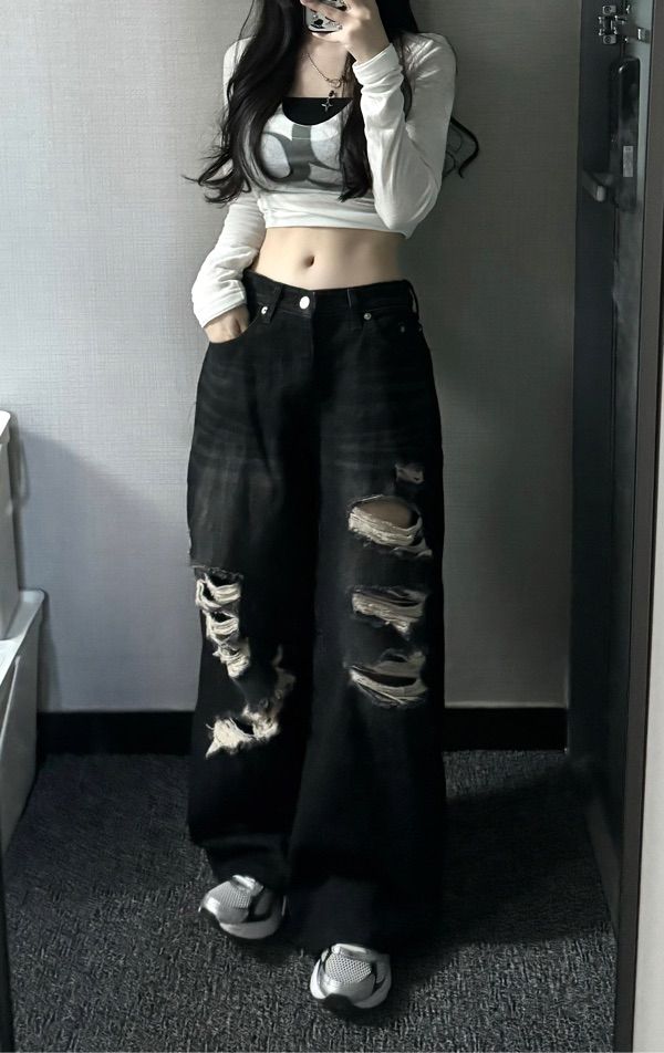 ★ROCKCAKE★FAYE DAMAGE JEANS MUSINSA | ROCKCAKE Faye Damage Jeans - Black