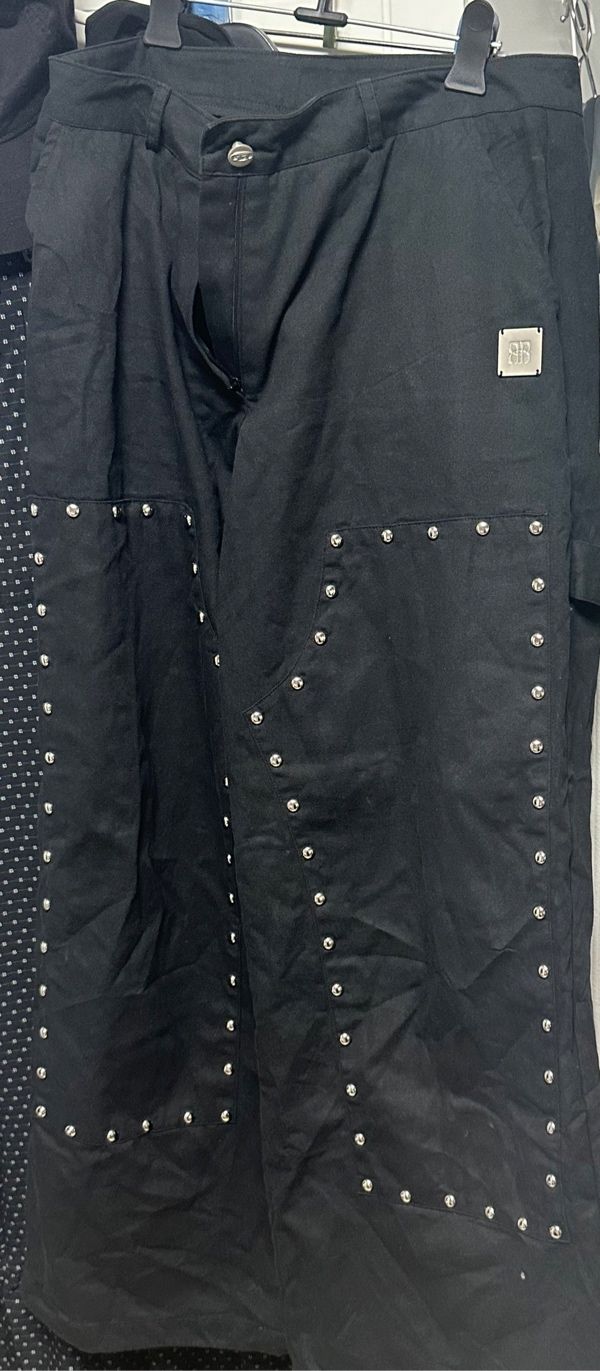 ◆ROCKCAKE◆ Pocket Studded Pants Black Idopy Men`s Rock Steampunk Studded PU Leather Pants Slim Fit