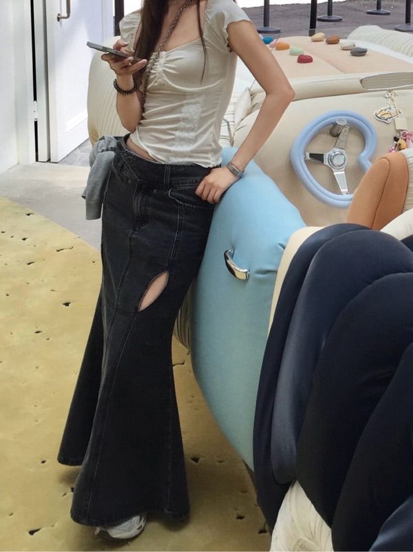 MUSINSA | OJOS Mermaid Slit Denim Skirt / Grey