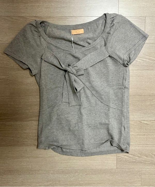 MUSINSA | SINOON RIBBON TIE SLIM KNIT TOP (GREY)