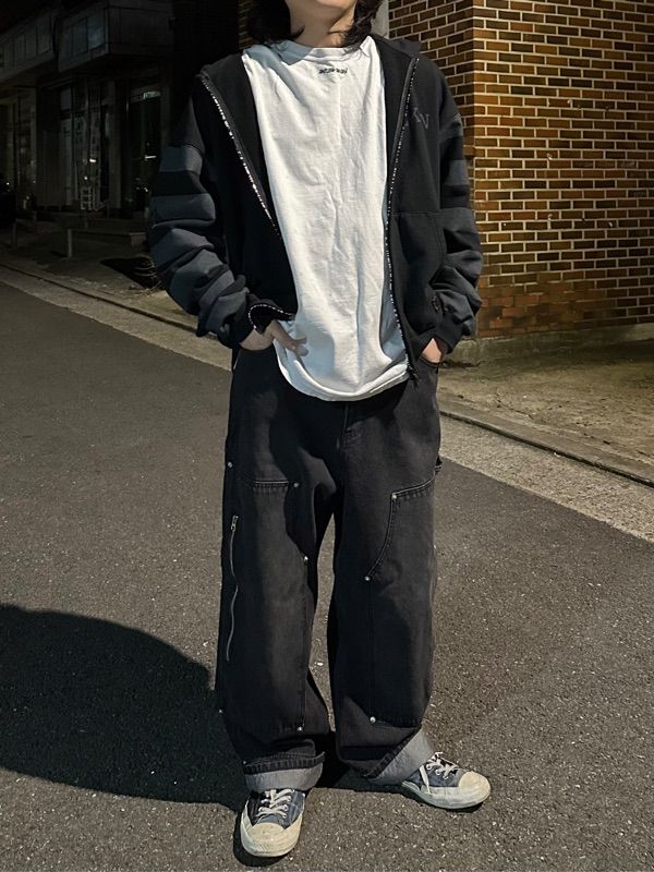 デニム・ジーパン 1993studio Double knee carpenter washed denim pants black MUSINSA | 1993STUDIO Double knee carpenter washed denim