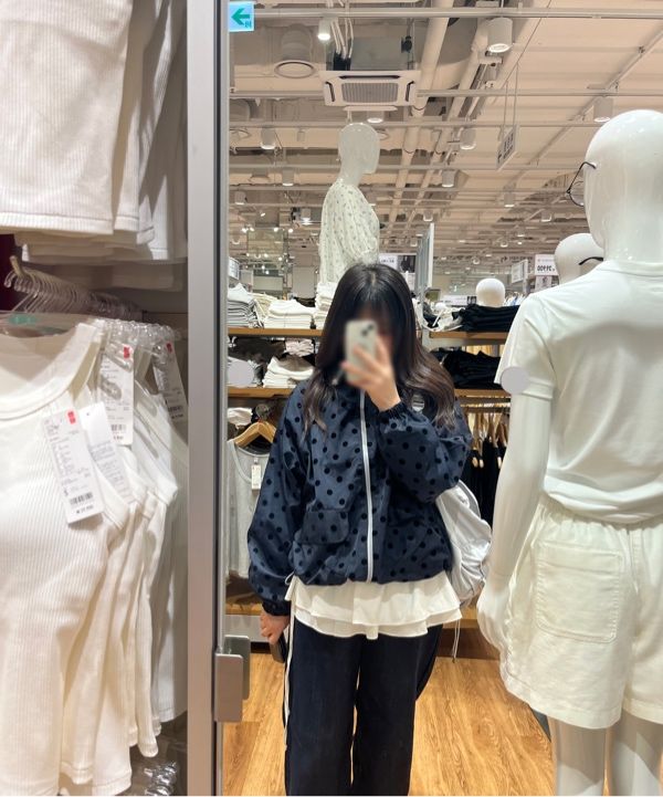 MUSINSA公式 | OHESHIO dot frill hooded windbreaker jumper (navy)