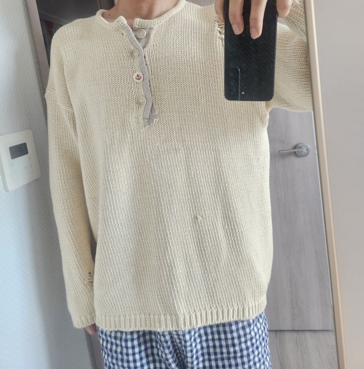 BEYOND CLOSET♥cotton damaged detail henley knit MUSINSA | BEYOND CLOSET [COLLECTION LINE] Archive Heavy