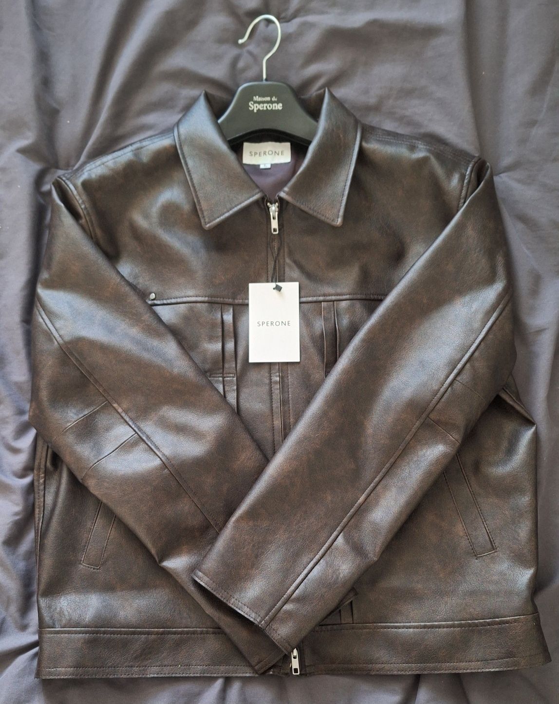 MUSINSA | SPERONE Double line trucker crack jacket (brown)