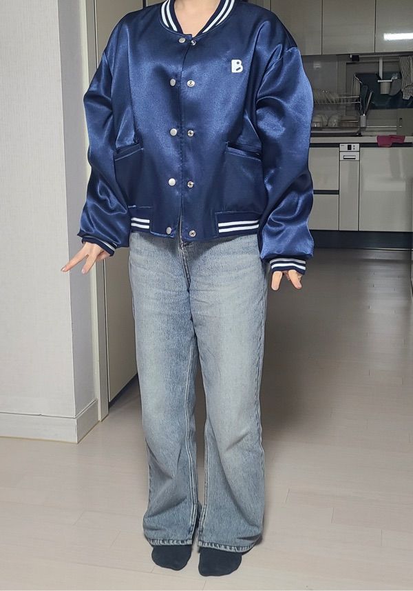 MUSINSA | SOMEWHEREBUTTER Satin varsity jacket - navy
