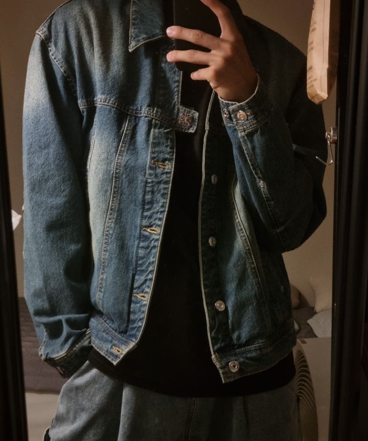 MUSINSA | SATUR Symbol Brooch Denim Trucker Jacket Union Washed Blue