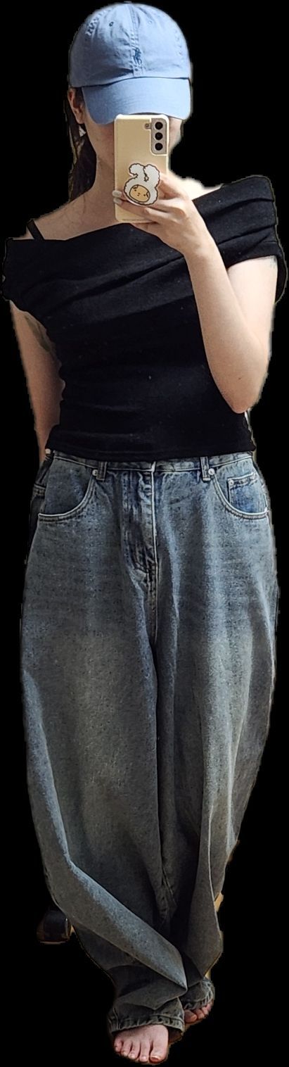 デニム・ジーパン Balloon fit wide denim pants BLACK ☆aespa ニンニン 着用！！【BLACKUP】Bermans Curved Wide