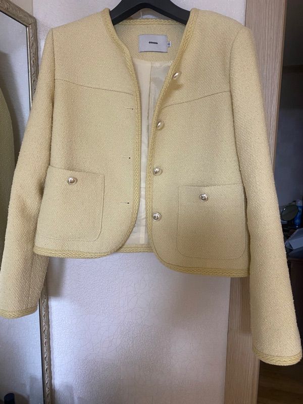 MUSINSA | ETMON Curved Round Tweed Jacket, Yellow