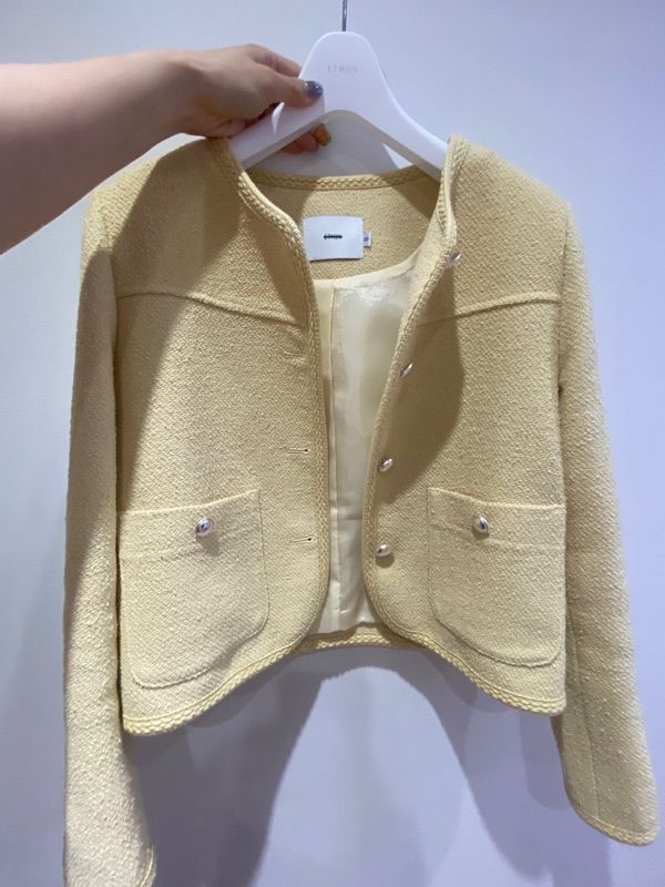 MUSINSA | ETMON Curved Round Tweed Jacket, Yellow