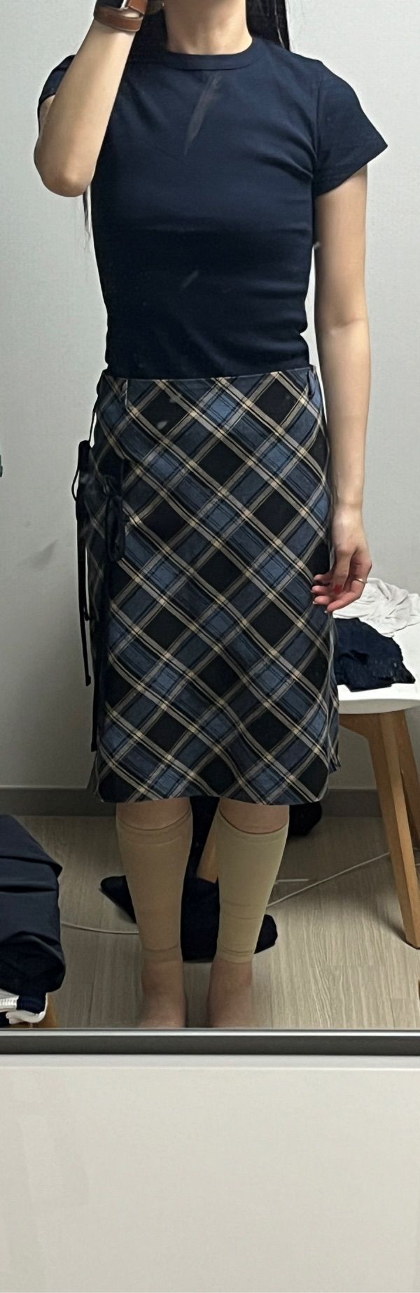 サクラ着用 [DIMANCHE] CHECK RIBBON LONG SKIRT MUSINSA | DIMANCHE Checkered ribbon long skirt (blue)