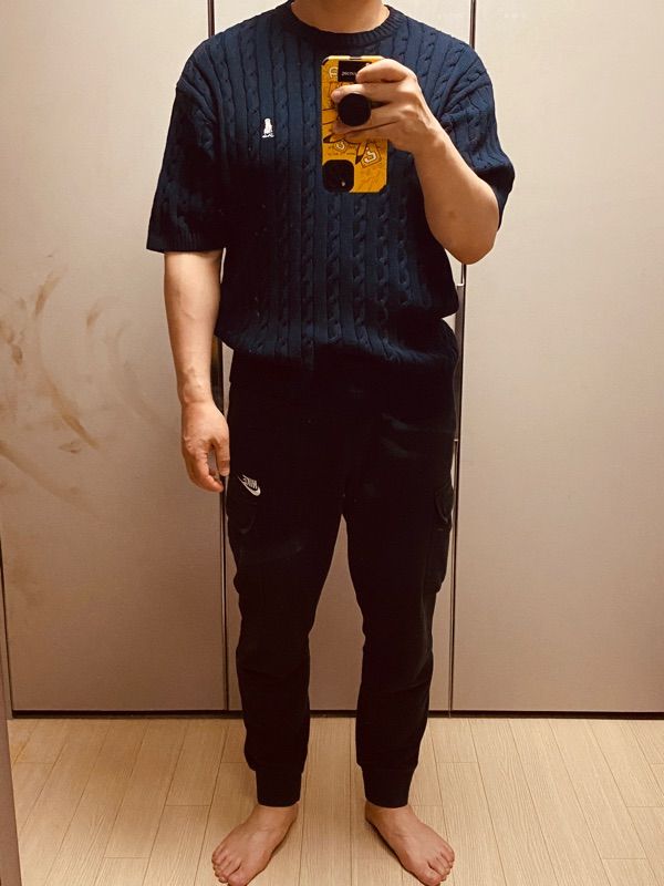 MUSINSA | YALE Heritage Dan Cable Short Sleeve Round Knit Navy