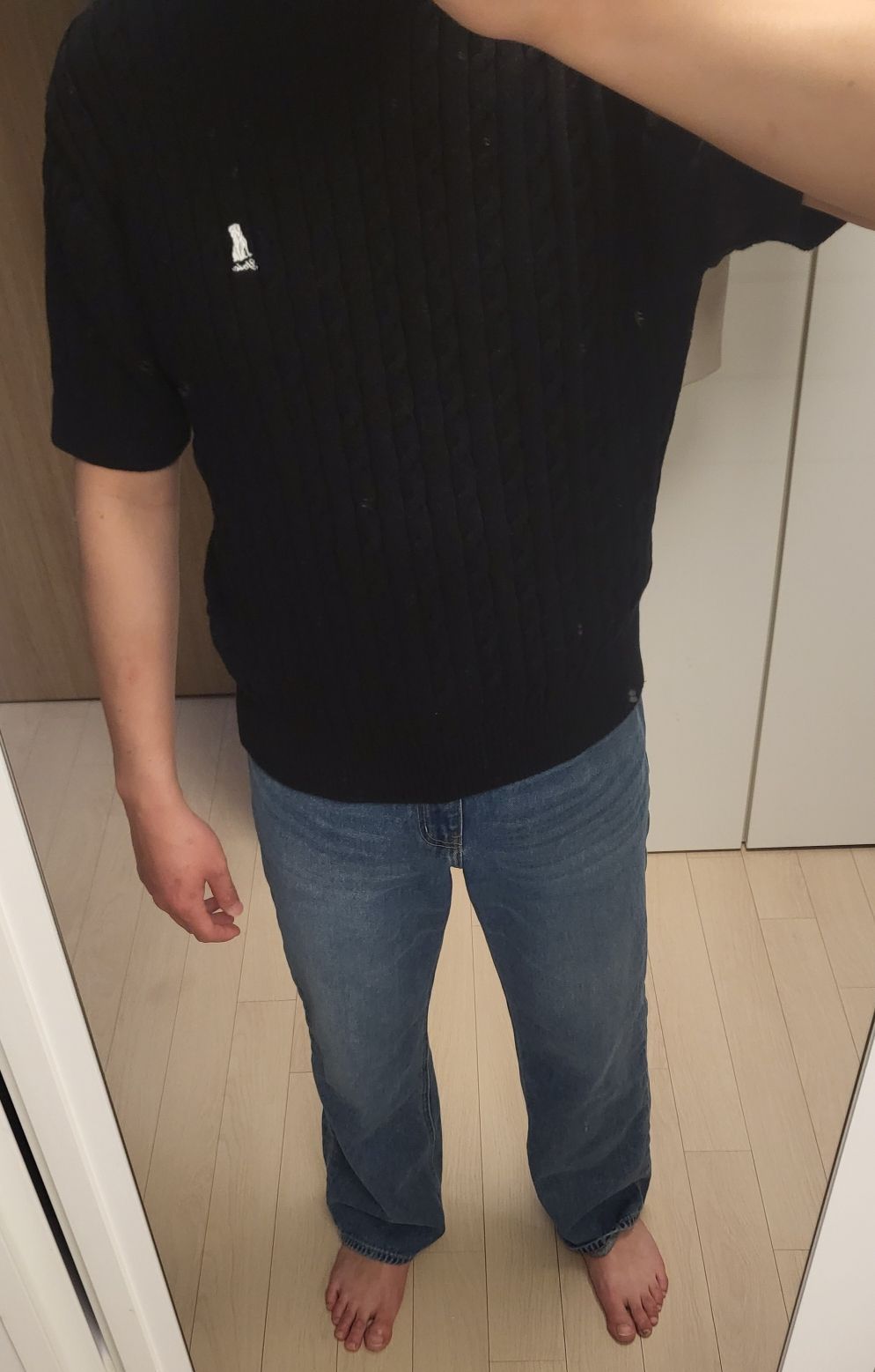 MUSINSA | YALE Heritage Dan Cable Short Sleeve Round Knit Navy