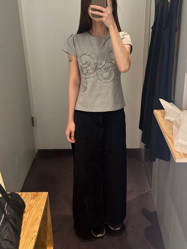 MUSINSA | SINOON Butterfly Frill T-Shirts (Melange Grey)