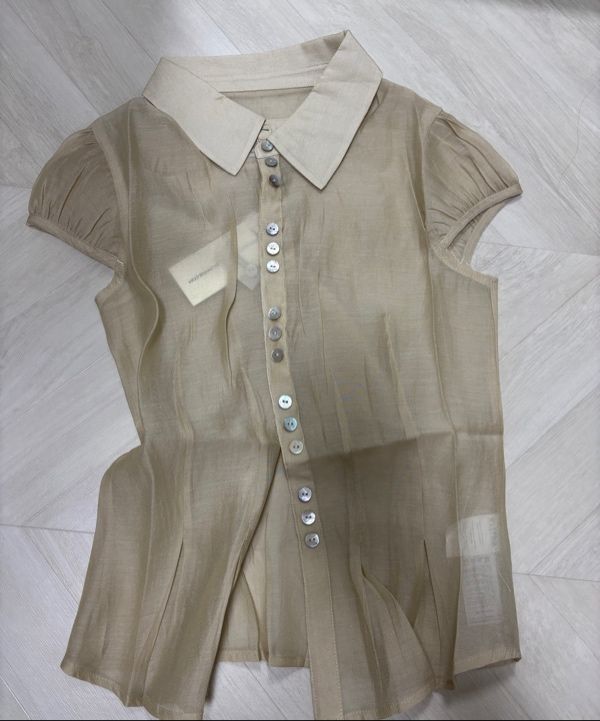 MUSINSA | SCULPTOR Sheer Pleated Hem Blouse Raw